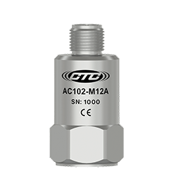 A stainless steel AC102 top exit, standard size industrial vibration sensor engraved with the CTC Line logo, part number, serial number, and CE and UKCA markings.